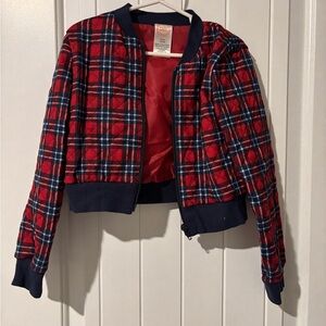 wonder nation Red Plaid Bomber Jacket with Navy Trim